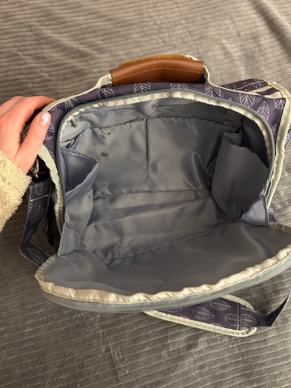 Purple Leaf Print Multi-way Crossbody, Messenger, or Backpack Style Diaper Bag - Picture 10 of 15